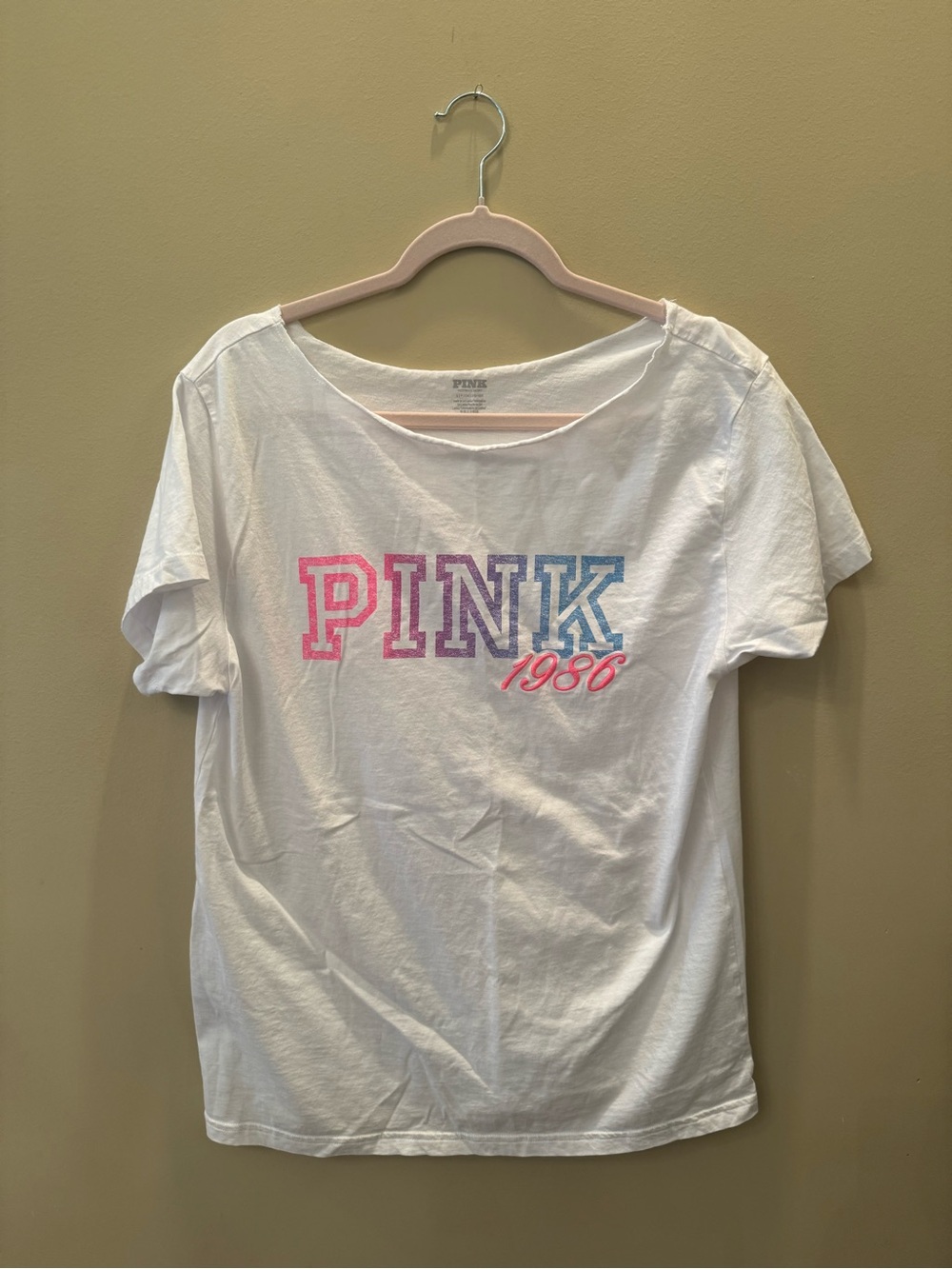 EUC PINK Victoria's Secret 1986 White Off Shoulder Tee - M